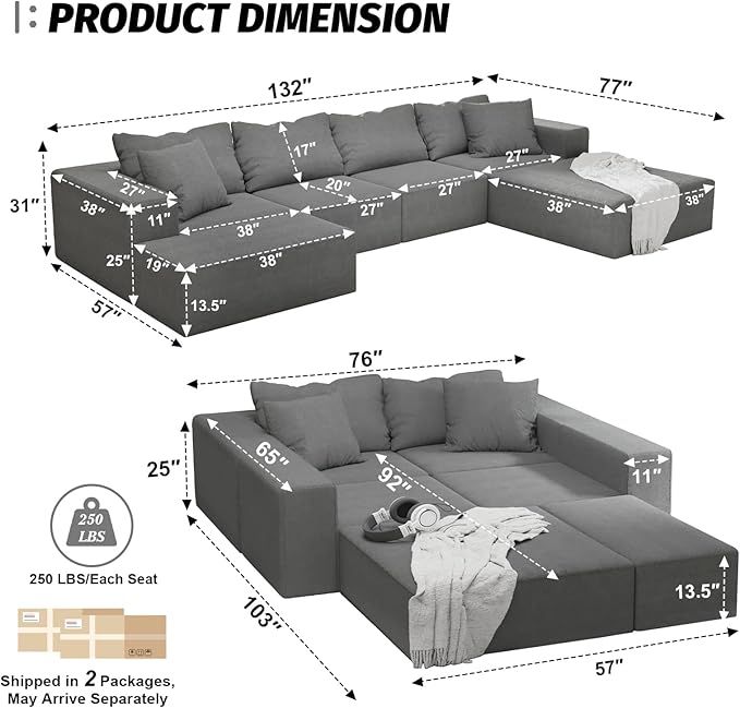 132'' Oversized Cloud Couch Upholstered Modular Sectional Sofa with 6 Pillows Deep Seat Chenille Couches for Living Room Modular Sectional Sofa Free Combination No Assembly Required (Gray)