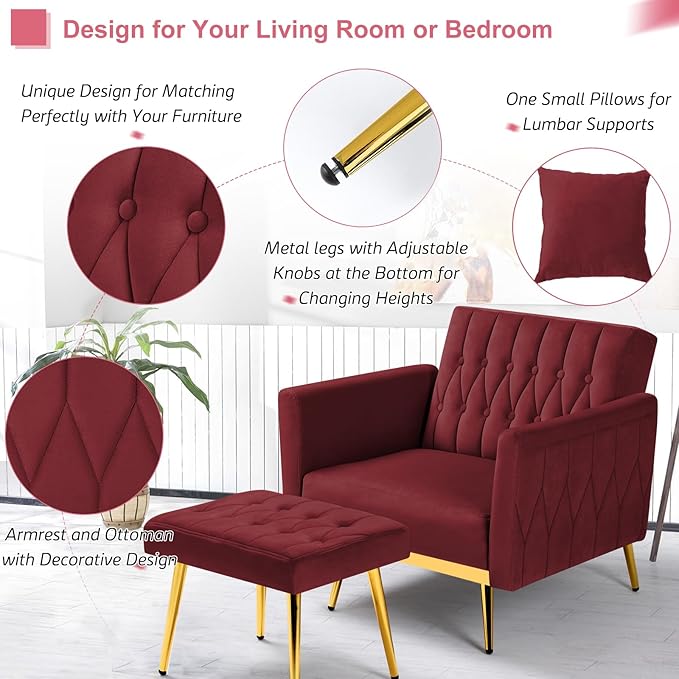 Velvet Accent Chair with Adjustable Armrests and Backrest Button Tufted Lounge Chair Single Recliner Armchair with Ottoman and Pillow for Living Room Bedroom Red