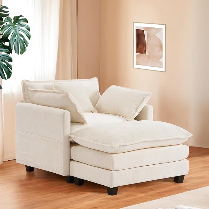 Furniliving Oversized Accent Chair with Ottoman Luxury Chenille Single Sofa Upholstered Deep Seat Chaise Lounge with Pillows for Living Room Bedroom Apartment Beige