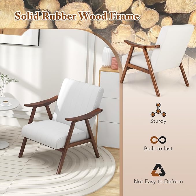 Giantex Mid-Century Modern Accent Chair Set of 2 Upholstered Comfy Living Room Chair with Arms Anti-Slip Felt Pads Wooden Frame Soft Padded Armchair for Living Room Bedroom Office Study Beige