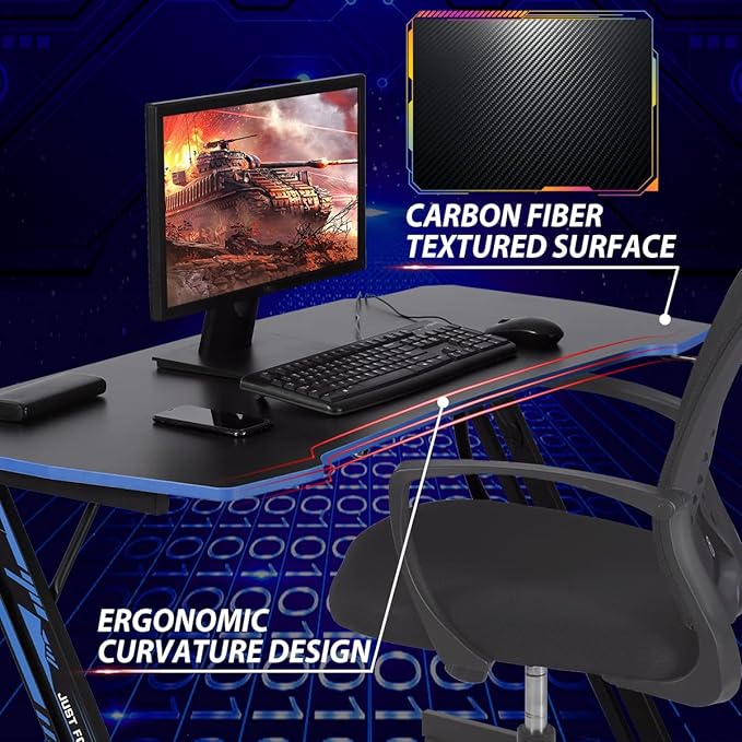 Gaming Desk 47 Inch Z-Shaped Computer Desk Modern Ergonomic PC Computer Table Home Office Desk Racing Style Gaming Workstation with Headphone Hook Blue