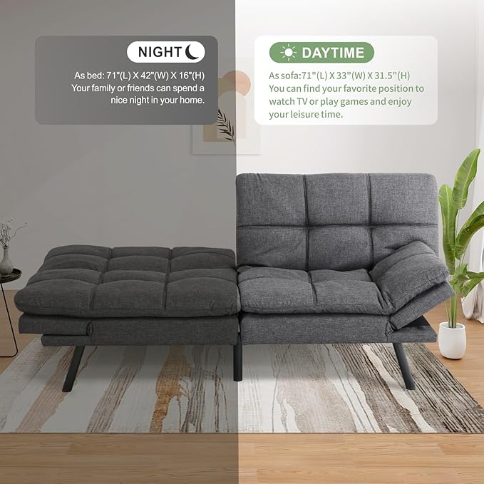 MUUEGM Convertible Futon Sofa Bed71 Memory Foam Futon CouchLinen Modern Loveseat Sleeper Couch with Adjustable Backrest &amp ArmrestDetachable Cushion for Living RoomOfficeApartmentGrey