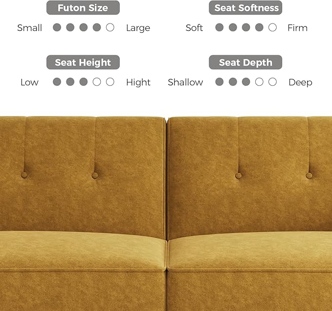 89” Futon Sofa Bed Comfy Futon Couch Bed with 2 Square PillowsConvertible Sleeper Sofa with Adjustable Backrest&amp Armrests Modern Loveseat Sleeper for Living RoomVelvet Fabric Yellow