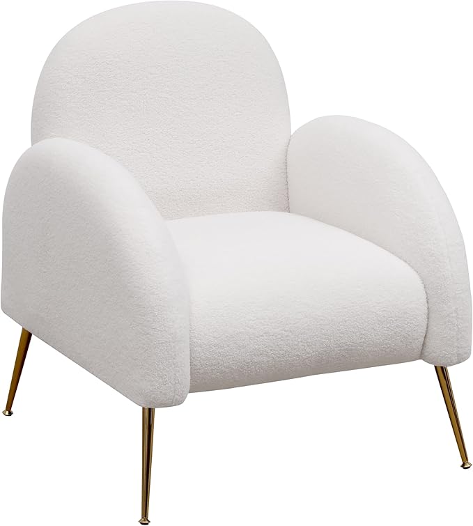 Accent Upholstered Single Chair White Sherpa Armchair with Golden Legs for Living Room Bedroom Office