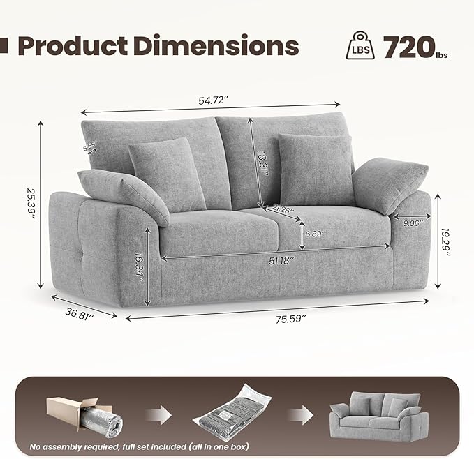 76 Boneless Loveseat Sofa Cloud Foam Couch 3 Seater Upholstered Midcentury Mondern Love Seat Wide Armrest and 4 Pillows for Home Living Room/Small Spaces No Assembly Required Grey