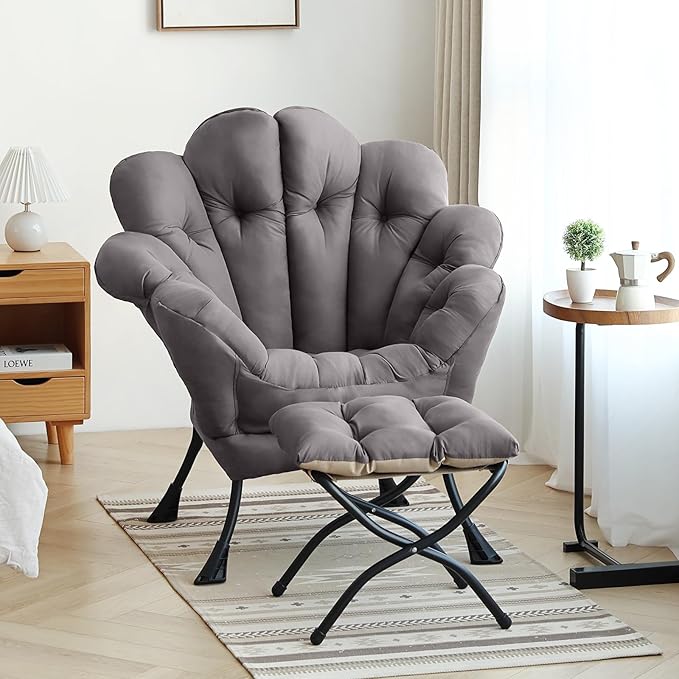 Lazy Chair with Ottoman Modern Floral Reading Chair with Folding Footrest Dark Grey Accent Chairs Comfortable Oversized Armchairs for Bedroom Living Room Courtyard