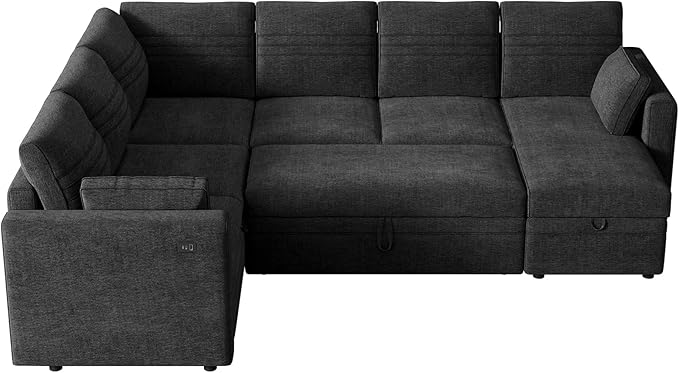 ONBRILL 105 Modular Sectional Sleeper Sofa with Pull Out Bed6 Seat Sectional Sleeper Sofa with Storage ChaiseUSB PortsModern U-Shaped Couches for Living RoomTool-Free AssemblyChenilleBlack