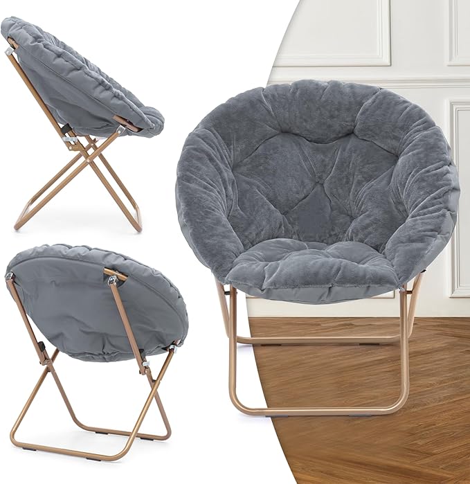 MoNiBloom Round Folding Faux Fur Saucer Chair for Bedroom Living Room Dorm Foldable Metal Frame Oversized Large Comfy Furry Padded Soft Cozy Moon Chair with Footrest Ottoman for Adults (Gray)