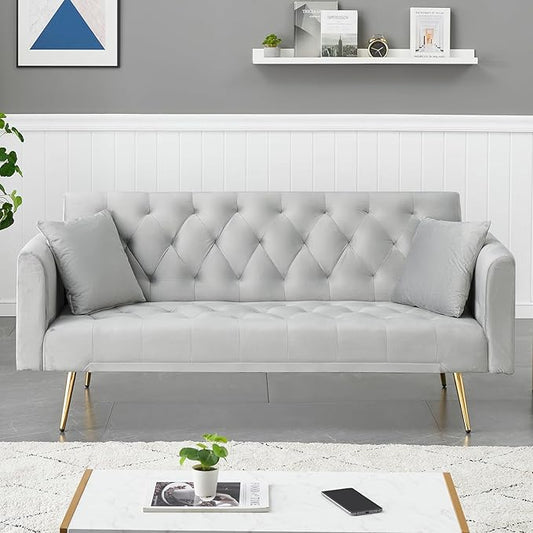 71 Modern Velvet Sofa Bed Futon Convertible Sleeper Couch with Adjustable Backrest Tufted Recliner Loveseat with Golden Chrome Legs &amp 2 Pillows for Small Spaces Living Room Apartment (Gray)