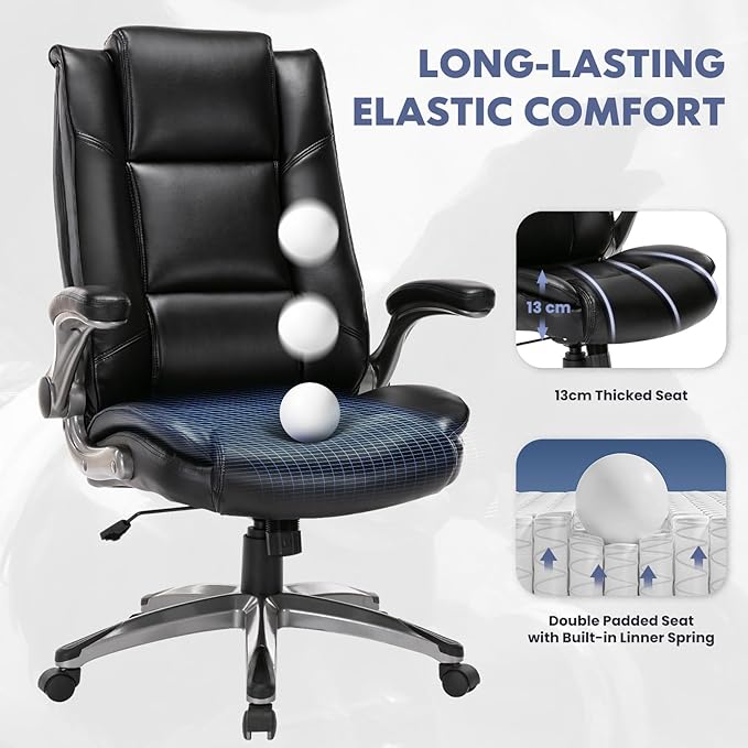 COLAMY Leather Executive Office Chair - High Back Home Computer Desk Chair with Padded Flip-up Arms Adjustable Tilt Lock Swivel Rolling Ergonomic Chair for Adult Working Study Black