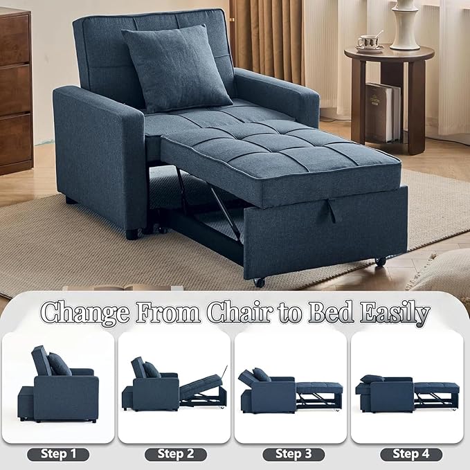 3-in-1 Convertible Sleeper Chair Pullout Chair with Extra Pillow Recliner Sofa Bed with 4 Adjustable Angles Convertible Lazy Sofa Bed for Small Spaces Home Office Blue