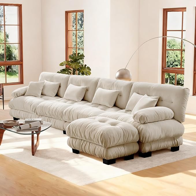 Chenille Sectional Couch-173.3 Inch Oversized 4-Seater Cloud Sofa with Ottoman and Pillow High-Density Sponge Filling Lounge Couches for Living RoomApartment(Light Coffee)