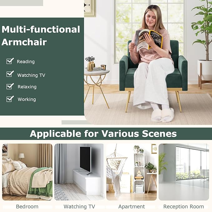 Giantex Modern Velvet Accent Chair - Mid-Century Upholstered Single Sofa Chair w/Button Tufted Back Golden Metal Legs Adjustable Foot Pads Comfy Living Room Armchair for Bedroom Dark Green