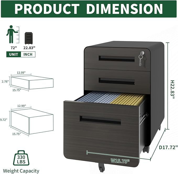 3 Drawer Filing Cabinet Lockable Metal File Cabinet Mobile File Cabinets for Home Office Under Desk Cabinets for Organizer A4/Letter/Legal Fully Assembled (Black)