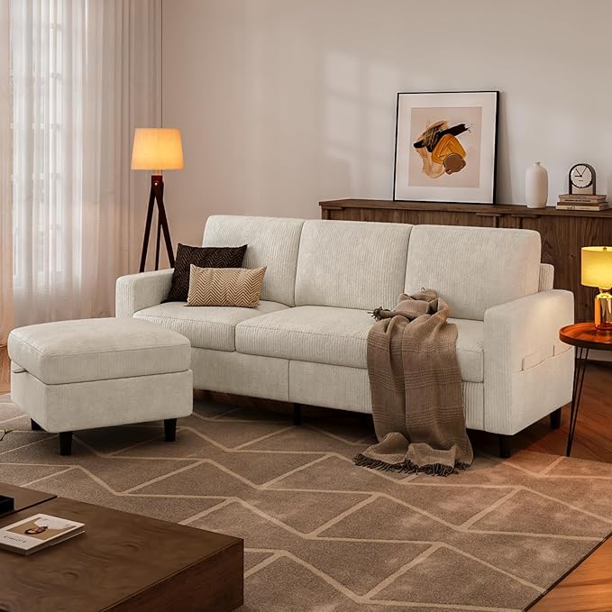 Sectional Couches for Living Room L Shaped Couch with Storage Ottoman Small Sofa Corduroy Couch with Side Pockets Modern 3 Seater Convertible Sofa for Apartment Office Beige