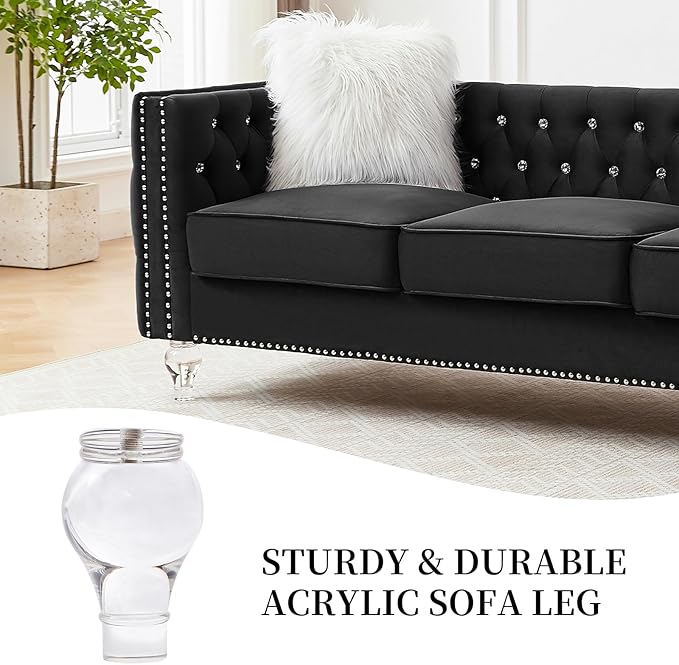 83 Chesterfield Sofa Velvet Mid-Century Modern Upholstered Couch with 2 Throw Pillows and Acrylic Legs Nailhead Button Tufted Vintage Sofa for Living Room Apartment Office Black