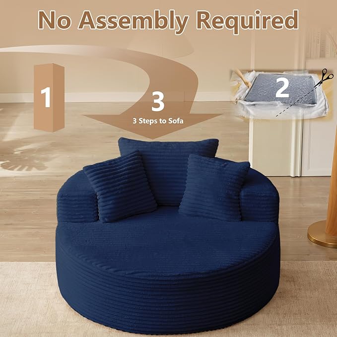 Oversized Round Chair Lounge Chaise Indoor Upholstered Corduroy Deep Seat Cloud Large Circle Sofa Chair No Assembly Required Fluffy Modern Sleeper Sofa Bed for Reading Living Room Bedroom Blue