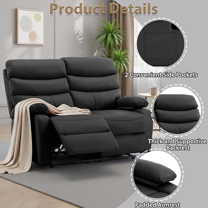 Faux Leather Reclining Loveseat Manual Double Love Seat Recliner RV Loveseat Recliner with Side Pockets for Living Room Home Theater Black
