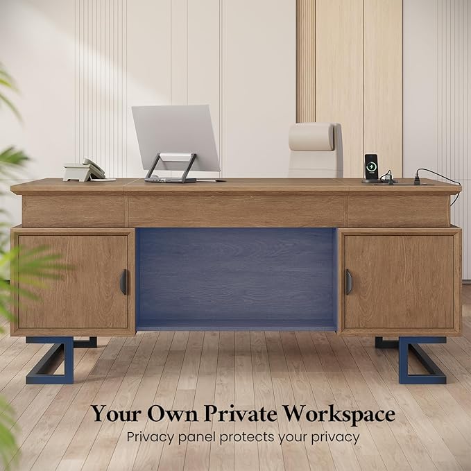 63 Executive Desk with Charging Station Large Home Office Desks with 6 Drawers and 2 Storage Cabinets File Drawer Keyboard Tray Privacy Panel Desk Grommet U-Shaped Metal Legs for Work and Study