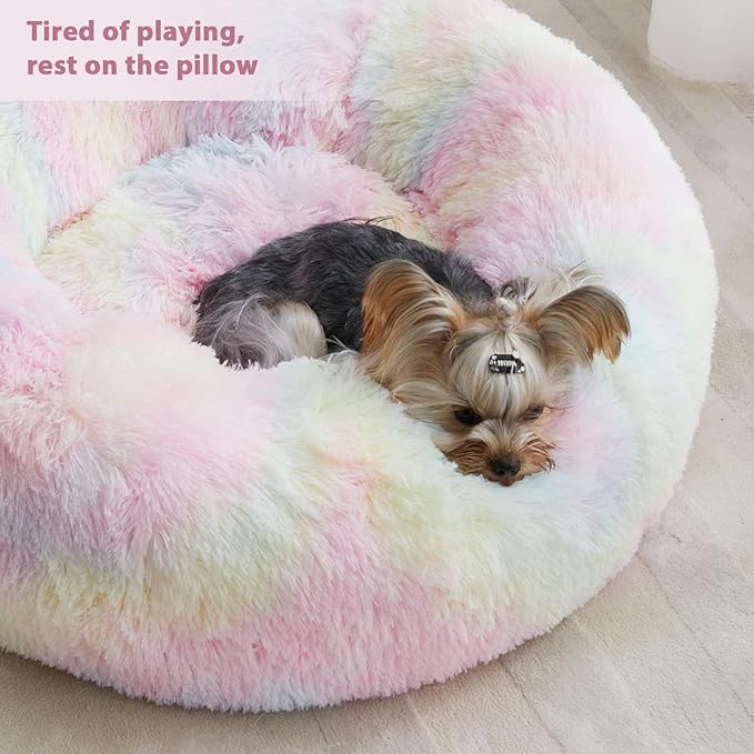 WNPETHOME Donut Dog Beds Large Sized DogAnti-Anxiety Caming Large Pet BedFluffy Faux Fur Plush Puppy BedWarming Cozy Soft Round Bed for Pet Cat Cuddler Cushion