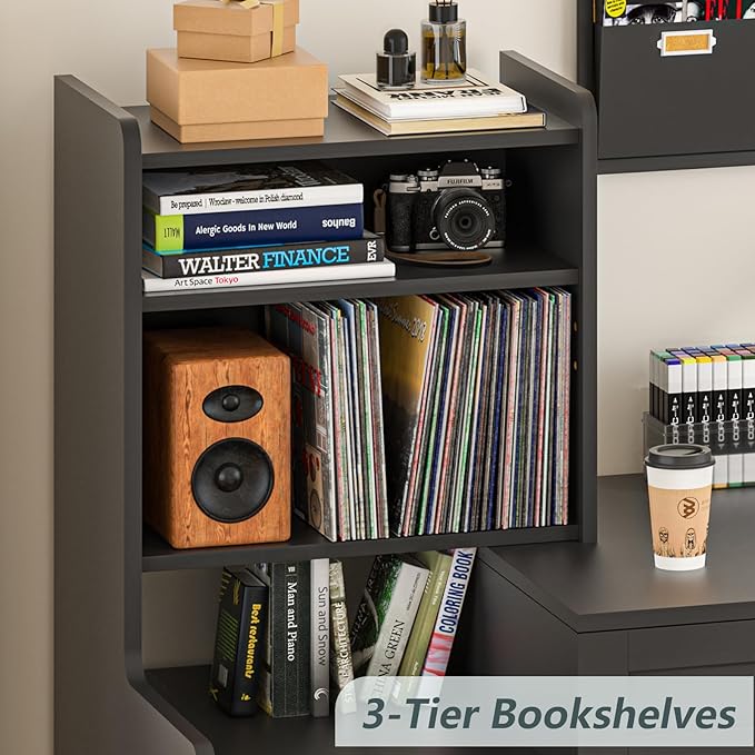 60 Computer Desk with 2 Drawer &amp Bookshelves Home Office Desk with Storage Cabinet &amp Spacious Desktop Writing Gaming Study Table with Bookcase Black