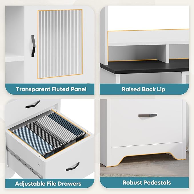 Bestier 77.8 H Executive Desk with Hutch Modern Wood Computer Desk with Drawers Charging Station LED Light Fluted Storage Cabinet Keyboard Tray 59 W Office Desk for Home Office White