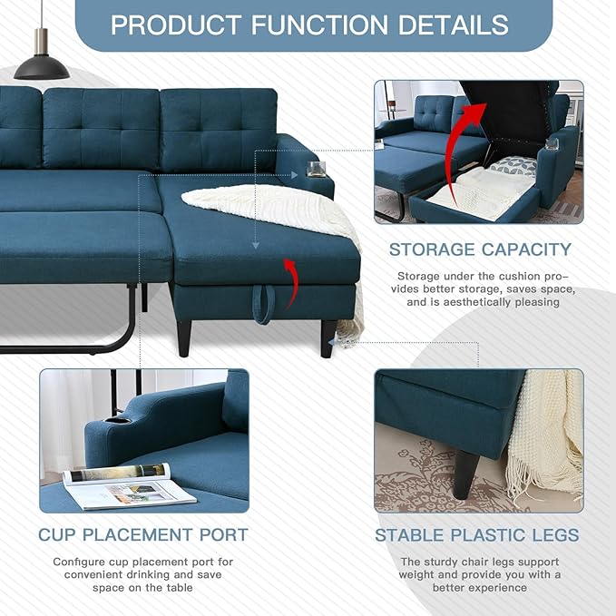 Convertible l Shape Sleeper Sofa Pull-Out Couch Bed with Storage Chaise Linen Upholstered Sectional Corner Apartment Couch with Side Pocket and Cup Holder Removable Backrest (Blue)