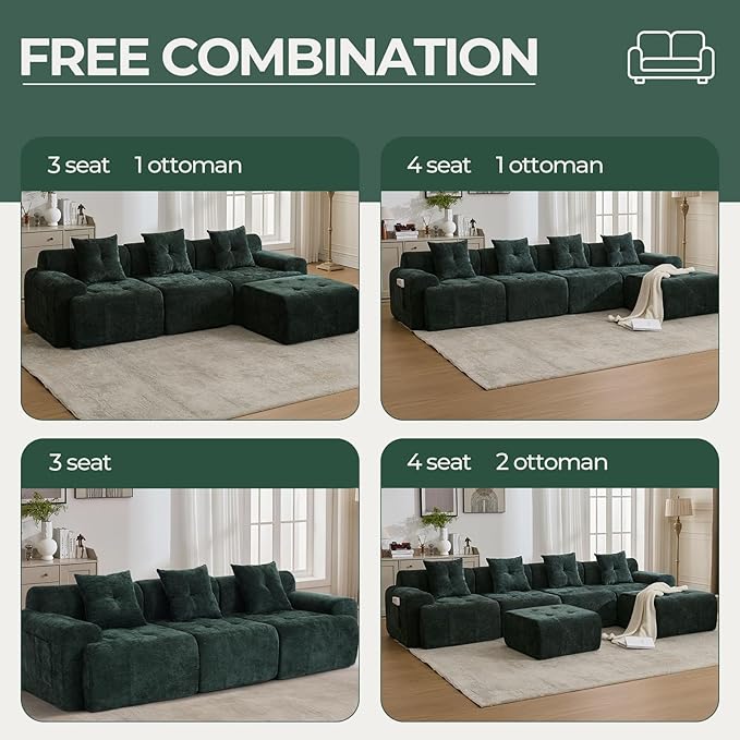 129.23”Modular Sectional Couch for Living Room Modren L-Shape Cloud Sectional 4-Seater Sofa with Movable Ottoman Woven Texture Upholstery Boneless Couch No Assembly Green