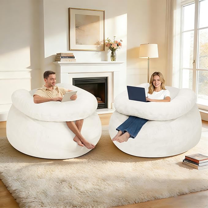 HABUTWAY Giant Bean Bag Chair Oversized Beanbag Chair with Filler Ultra Soft Faux Fur Bean Bag Lounge Floor Sofa w/U-Shaped Pillow for Gaming Reading Beige &amp Beige