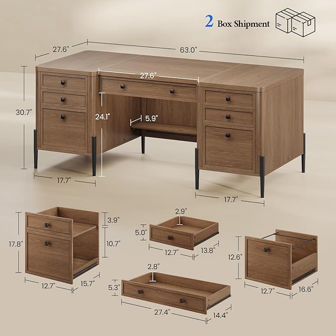 63 Executive Desk with 5 Drawers Farmhouse Home Office Desks with 2 Storage Cabinet and Keyboard Tray Large Boss Desk with Privacy Panel Modern Table with Open Shelf and File Drawer