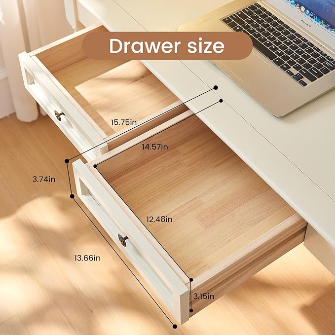 White Writing Desks with Drawers 47 Solid Wood French Country Style Computer Desk for Home Office Living Room Study or Workspace