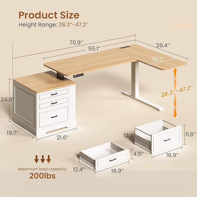 SEDETA Farmhouse L Shaped Electric Standing Desk 70.9 x 39.4 Height Adjustable Office Executive Desk with 3 Drawers Standing Computer Desks with Power Outlet for Home Office Oak