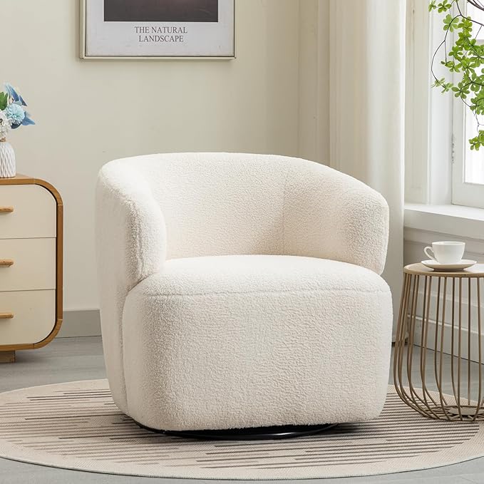 Swivel Accent Chair Sherpa Teddy Barrel Chair for Living Room Cozy Round Boucle Arm Chair Metal Base for Club Nursery Bedroom Beige Cream White