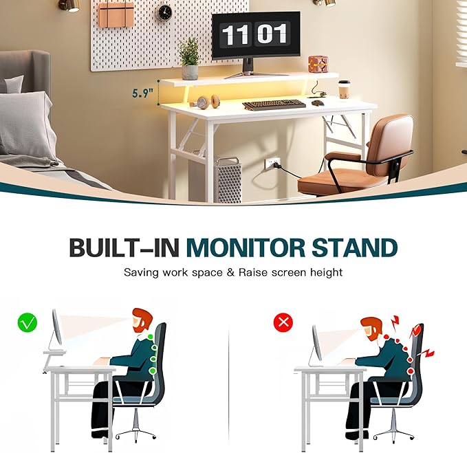 DlandHome Computer Desk 39’’ with LED Lights &amp Power OutletsFolding Desk with Monitor Stand Writing Desk Home Office Desk Fully AssembledWhite