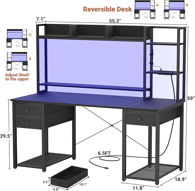 Aheaplus Desk with LED and Outlets Gaming Desk with Hutch 55.2'' Computer Desk with Drawers Reversible Office Desk with Storage Bookshelf Large Workstation Desk with Shelf Desk for Home Black