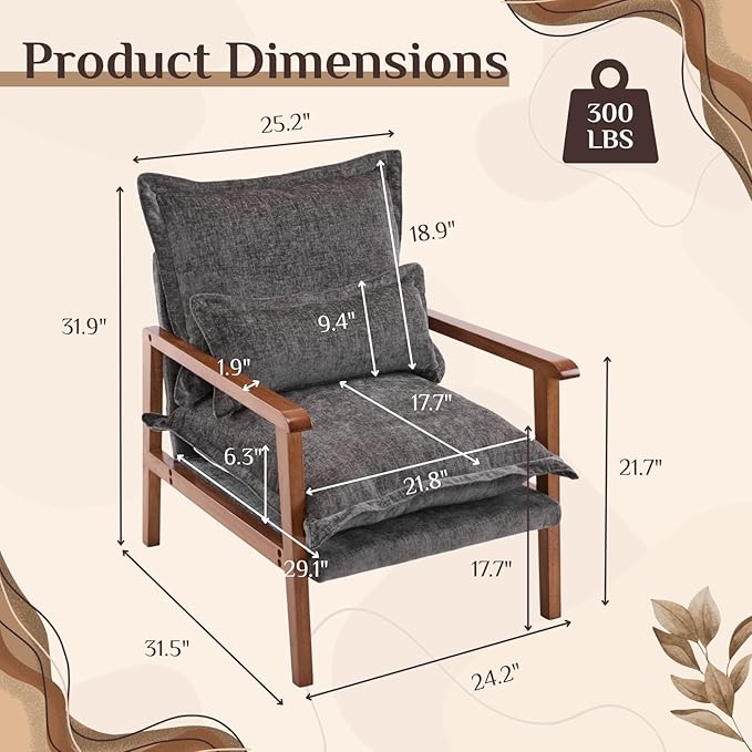 Karl home Midcentury Accent Chair for Living Room Chenille Upholstered Lounge Armchair with Lumbar Pillow Ruffle-Designed Cozy Reading Chair with Wood Legs Gray