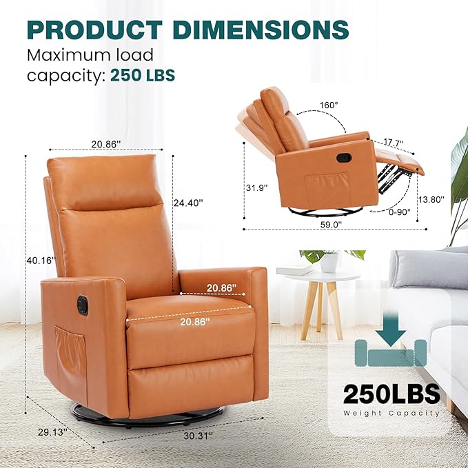 Smug Swivel Rocking Recliner Chair with Extra Large Footrest High Back Upholstered Glider Nursery Chair for Living Room Bedroom &amp Nursery Comfortable Deep Seat for Relaxation Brown