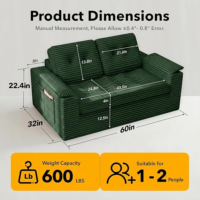 60in Loveseat Sofa Boneless Cloud Couch Sofa for Living Room 2 Seater Modern Lounge Sleeper Couch with Removable Cover Corduroy with Armrest Seat Cushion &amp Pillows for Small Spaces Green