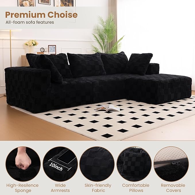 Modular Sectional Sofa 108 L-Shaped Boneless Couch with Deep Seat Corduroy Cloud Couch for Living Room Bedroom No Assembly Required Ship in a Box Checkered Black