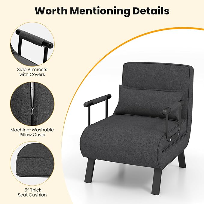Giantex Convertible Sofa Bed 4-in-1 Sleeper Chair with Pillow Modern Recliner Guest Bed with 6 Positions Adjustable Backrest Metal Legs Linen Fabric Armchairs for Nursery Living Room Office