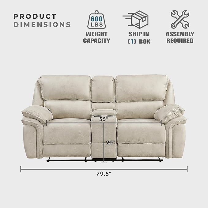 Lexicon Manual Double Reclining Loveseat with Center Console Polished Microfiber Wall Hugger Loveseat Recliner for Living Room Cup Holders Foam Over Pocket Coils Seats Pillow Top Arms Sand
