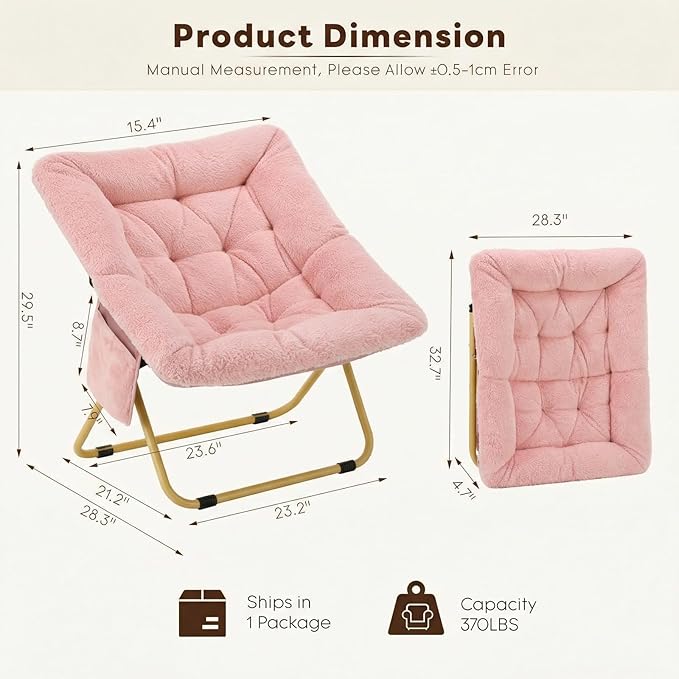 Folding Saucer Chair Comfy Reading Chair with Soft Thick Padded Seat Plush Faux Fur Lounge Chair for Small Space Bedroom Dorm Living Room X-Large Lazy Chair for Adults Teens Kids