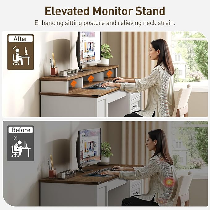 55'' Farmhouse Executive Desk with Drawers Computer Desk with File Cabinet and Side Bookshelf Writing Gaming Desk with Monitor Stand &amp Charging Station White and Walnut