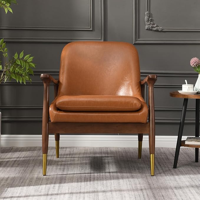 Modern PU Leather Accent Chair Lounge Chair Armchair Comfy Side Chair Single Sofa Chair with Wooden Legs for Living Room Bedroom Reading Room