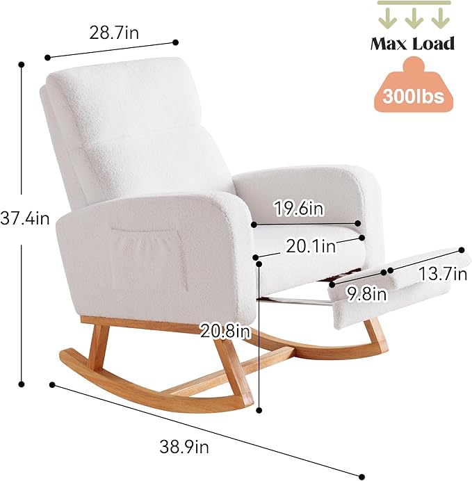 Rocking Chair Nursery with Foot Rest Nursing Rocking Chairs for Mom Nursery Teddy Rocker Glider with High Backrest for Living Room Bedroom White