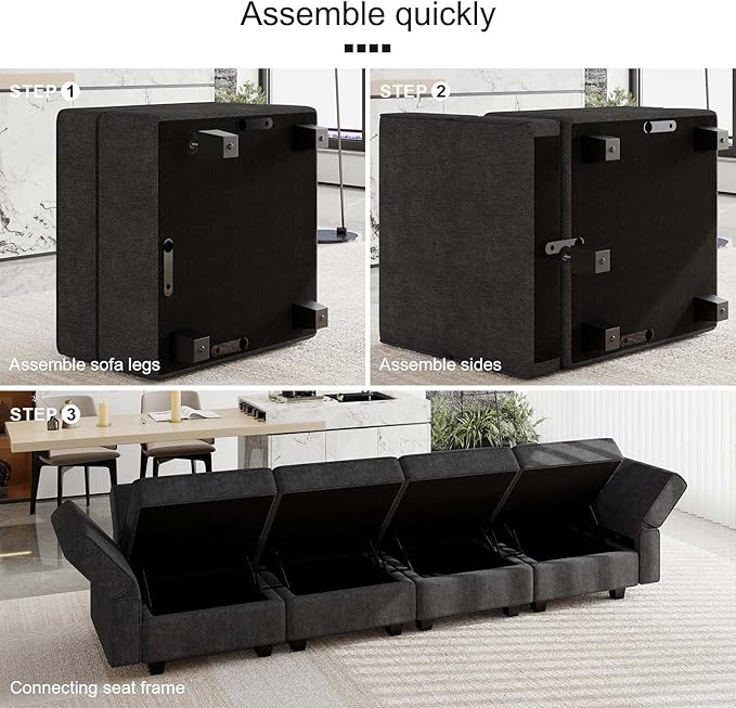 Belffin Modular Sectional Sofa Fabric U Shaped Couch Double Chaise Sectional Couch Convertible Ottoman Sofa with Storage Black
