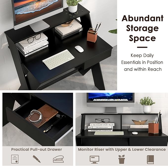 Tangkula 2-Tier Computer Desk with Storage Drawer Small Writing Desk with Monitor Stand Riser Thoughtful Footrest &amp X-Shaped Legs Compact Study Table for Small Space Home &amp Office (Black)