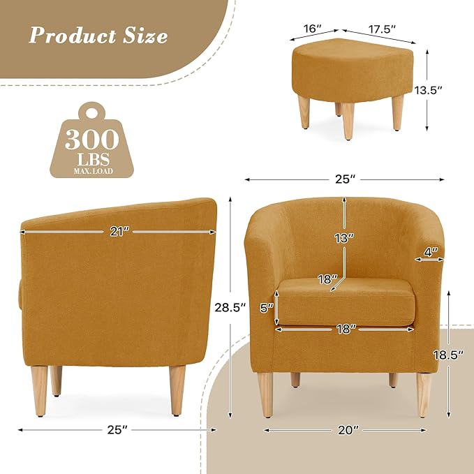 Athena Collection Modern Accent Chair with Ottoman Linen Barrel Sofa Chair Comfy Upholstered Armchair Reading Chair with Thickened Seat Cushion for Bedroom Living Room Yellow