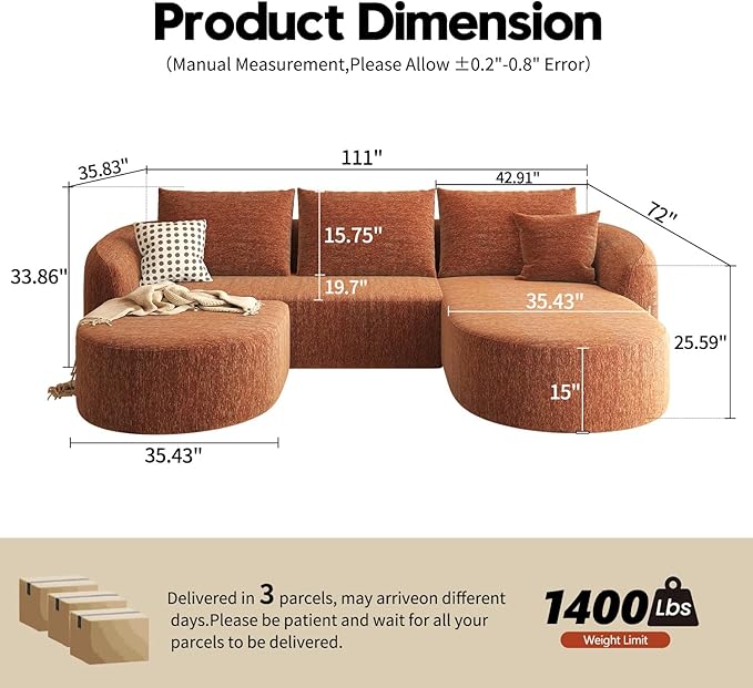111 U Shaped Modern Modular Sectional Curved Sofa with Ottoman Minimalist Style Comfy Cloud Couch for Living Room Apartment No Assembly Required Boneless Couches (OrangeRight Facing Chaise)
