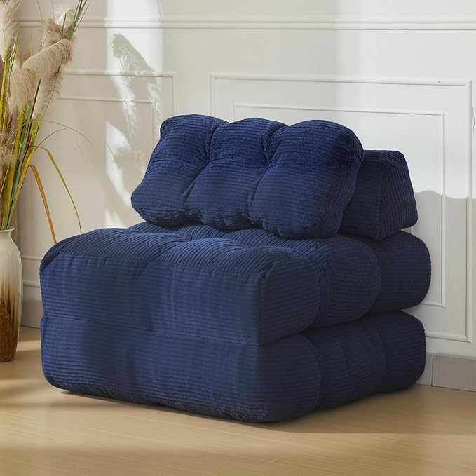 Folding Sofa Bed Convertible Sleeper Chair with Pillow Foldable Mattress&ampSide Pocket Portable Fold Out Chair Bed Comfy Floor Sofa Lounge for Living Room Bedroom Blue Single